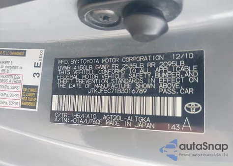 2011 Scion Tc from USA, damaged, VIN JTKJF5C71B3016789